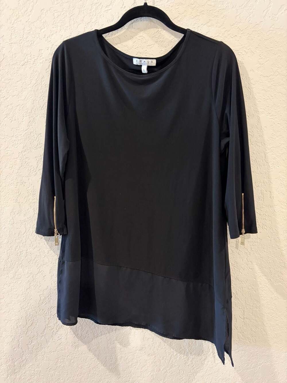 Chaus New York Black Asymmetrical Hem Tunic Top with Zipper Sleeve Detail
